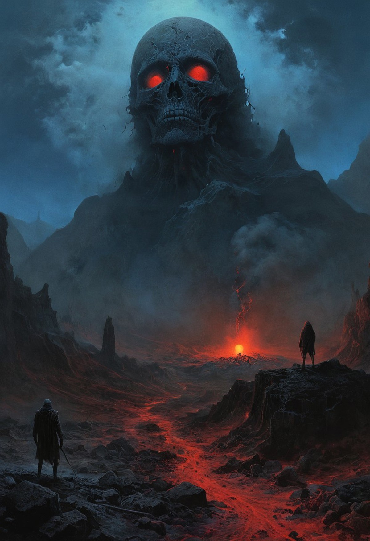 A dark, atmospheric landscape with a large skull with glowing eyes looming over jagged mountains and molten lava flows. Three figures stand in the foreground, looking up at the towering presence. 