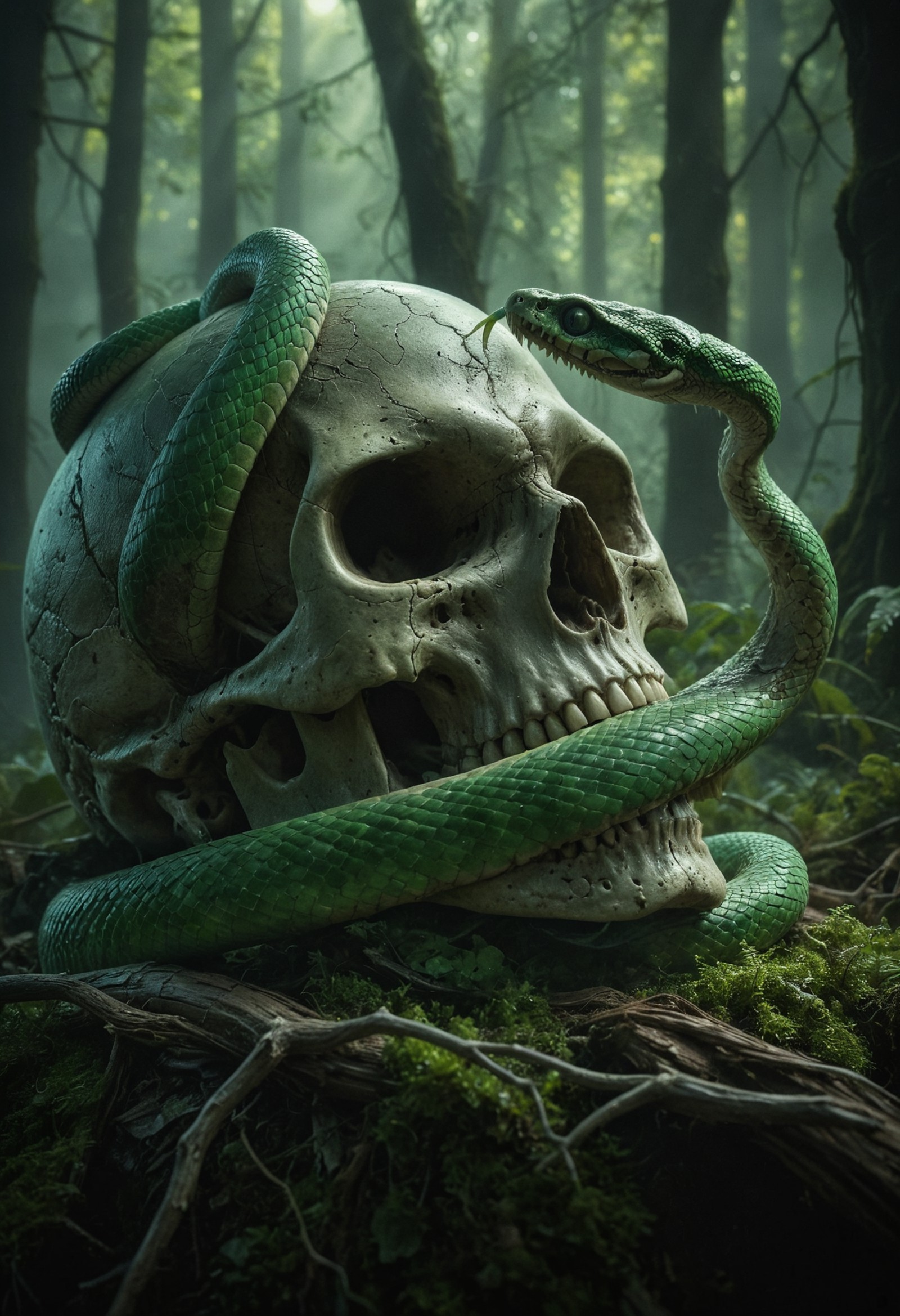 A human skull resting on a forest floor partially covered in moss. A green snake wraps around the mouth and head of the skull, flicking its tongue at the forehead. The background is a misty forest with diffused sunlight filtering through dense foliage, adding an eerie yet serene atmosphere to the setting. 