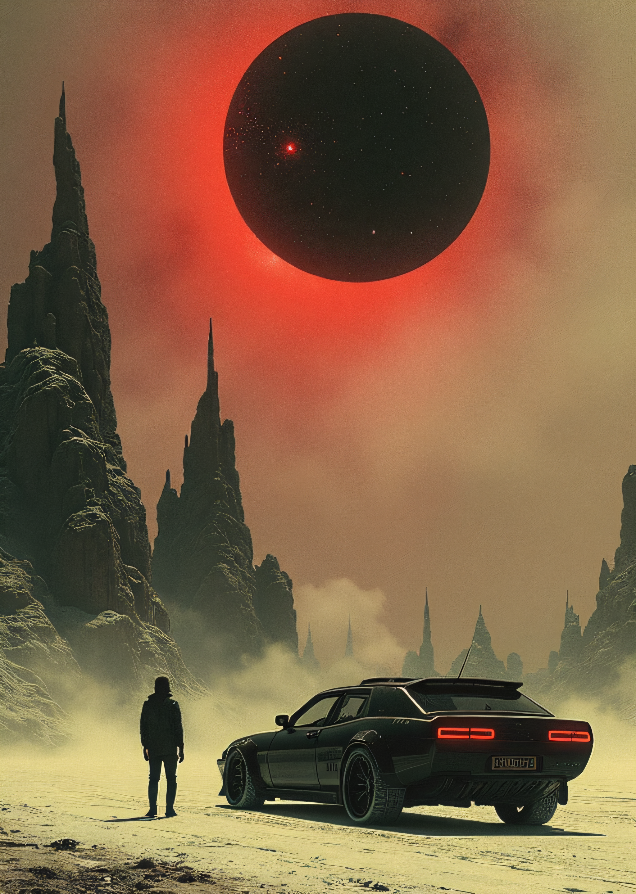 A desolate landscape with towering rock formations under a large starry void radiating red light. In the foreground, there is a black car parked on the dusty ground with a figure standing next to it, looking towards the otherworldly phenomenon in the sky. 