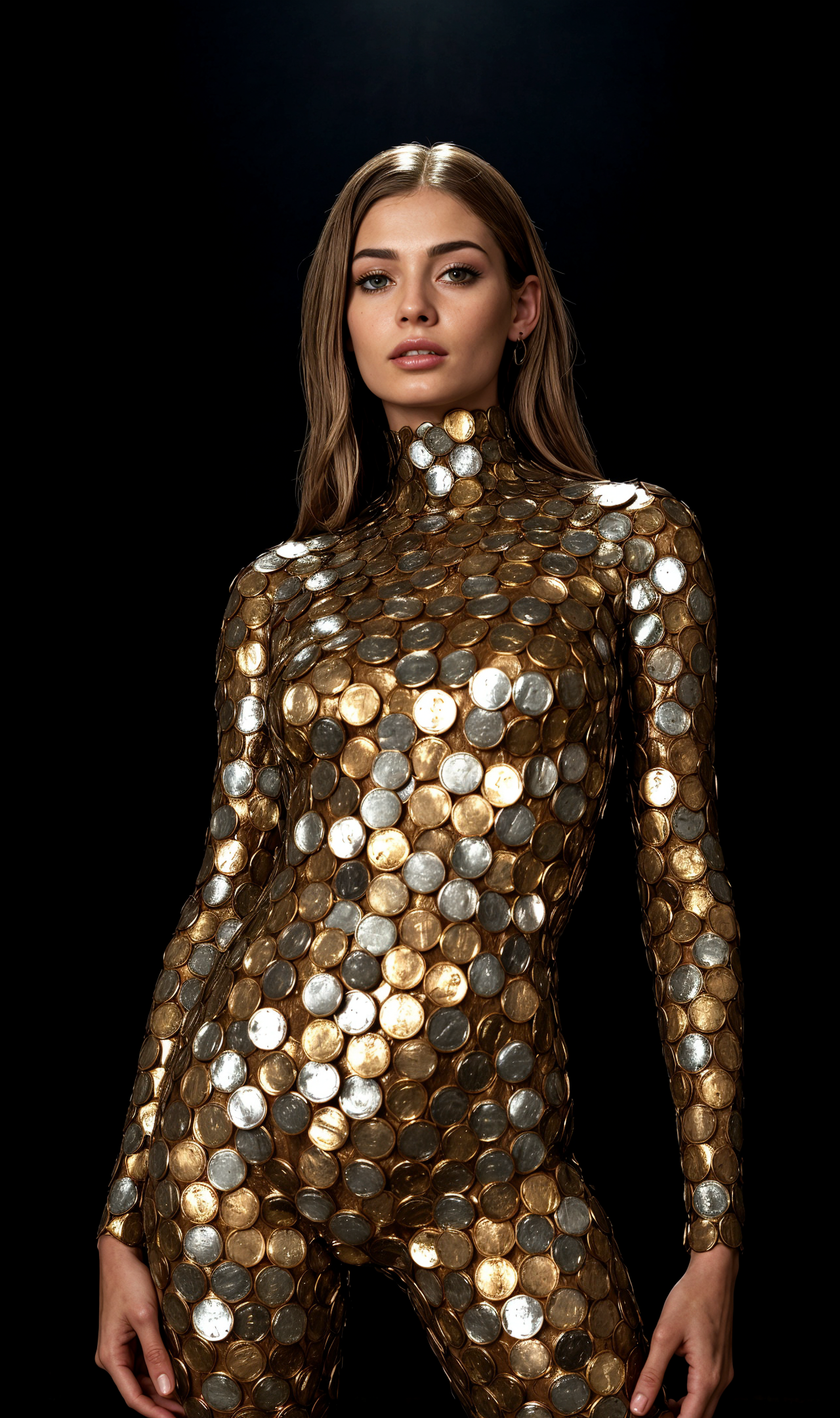 A woman standing against a dark background, who is wearing a gold bodysuit covered in numerous metallic coins. The coins vary slightly in size and shade, contributing to a textured and reflective appearance. 