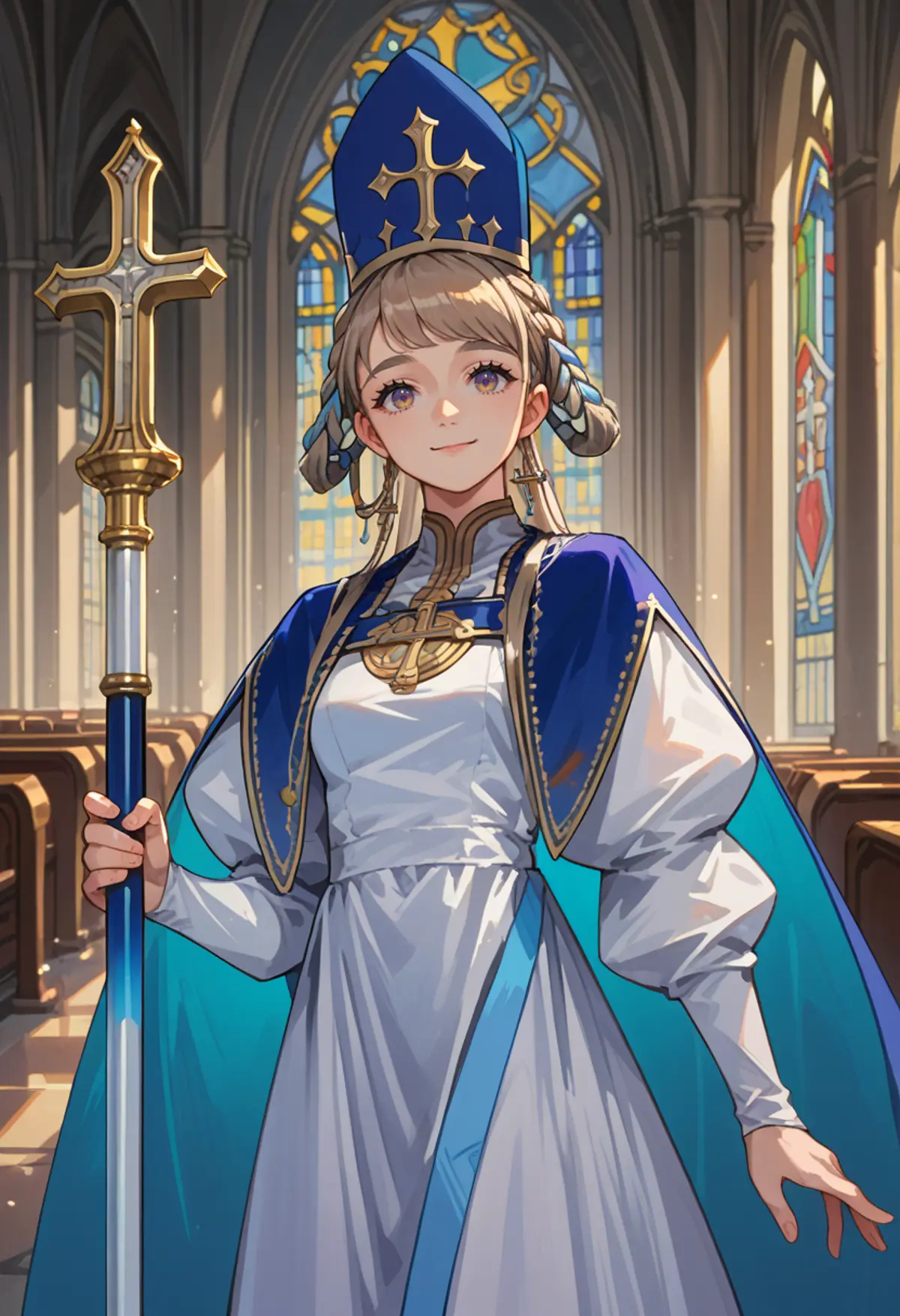 A young woman standing in a cathedral, holding a cross-topped scepter. She is dressed in elaborate religious regalia, including a mitre and a blue and white robe with gold accents. Behind her, the cathedral is adorned with tall stained-glass windows. 