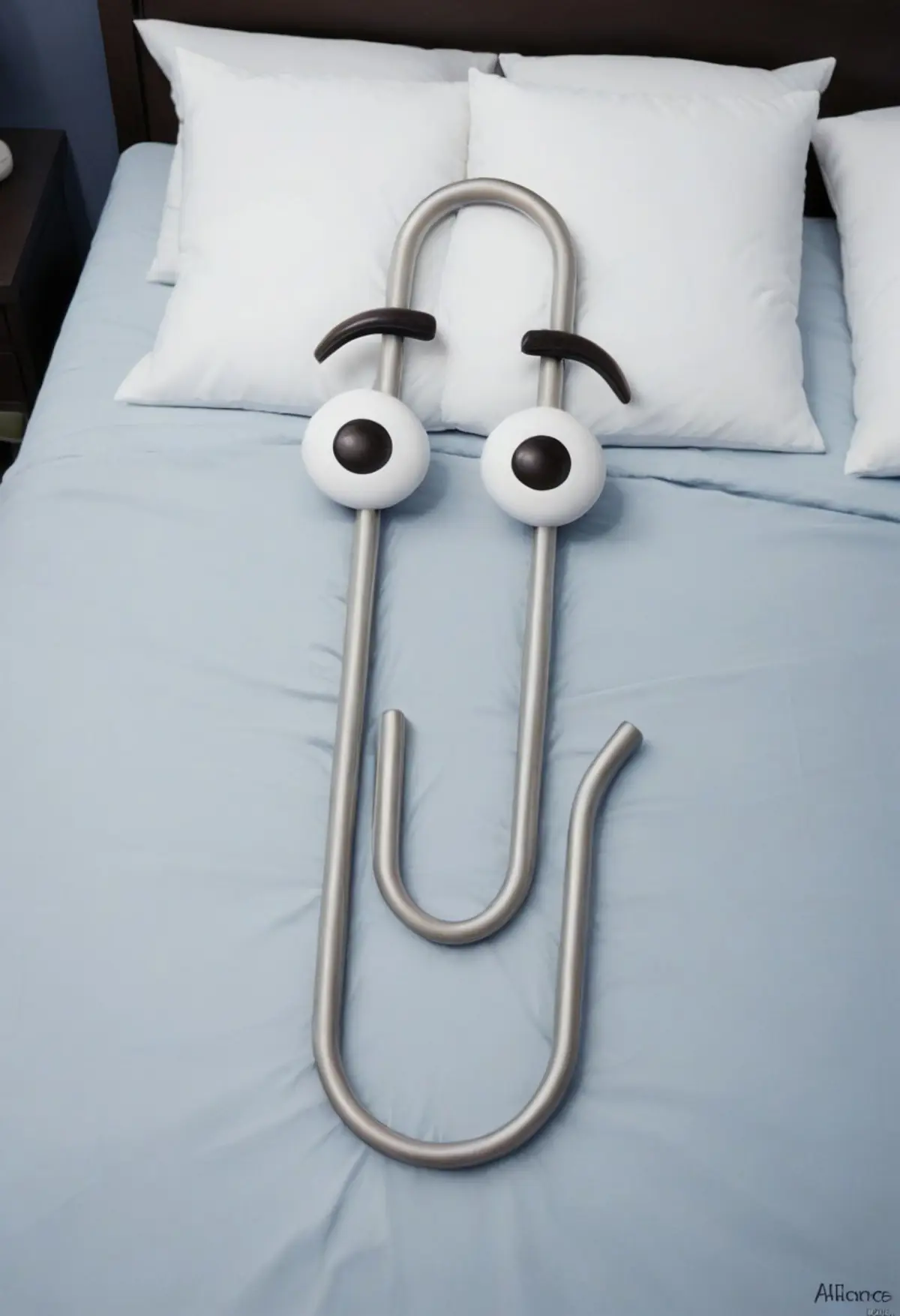 A large metal paperclip with two cartoonish eyes resting on a neatly made bed with blue bedding and white pillows against a dark headboard. 