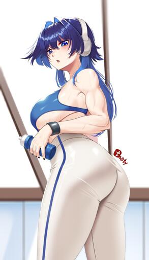image of ouro kronii, with a view from the left down back. she is wearing a blue sports top white with blue stripe  yoga pants, holding a water bottle. 