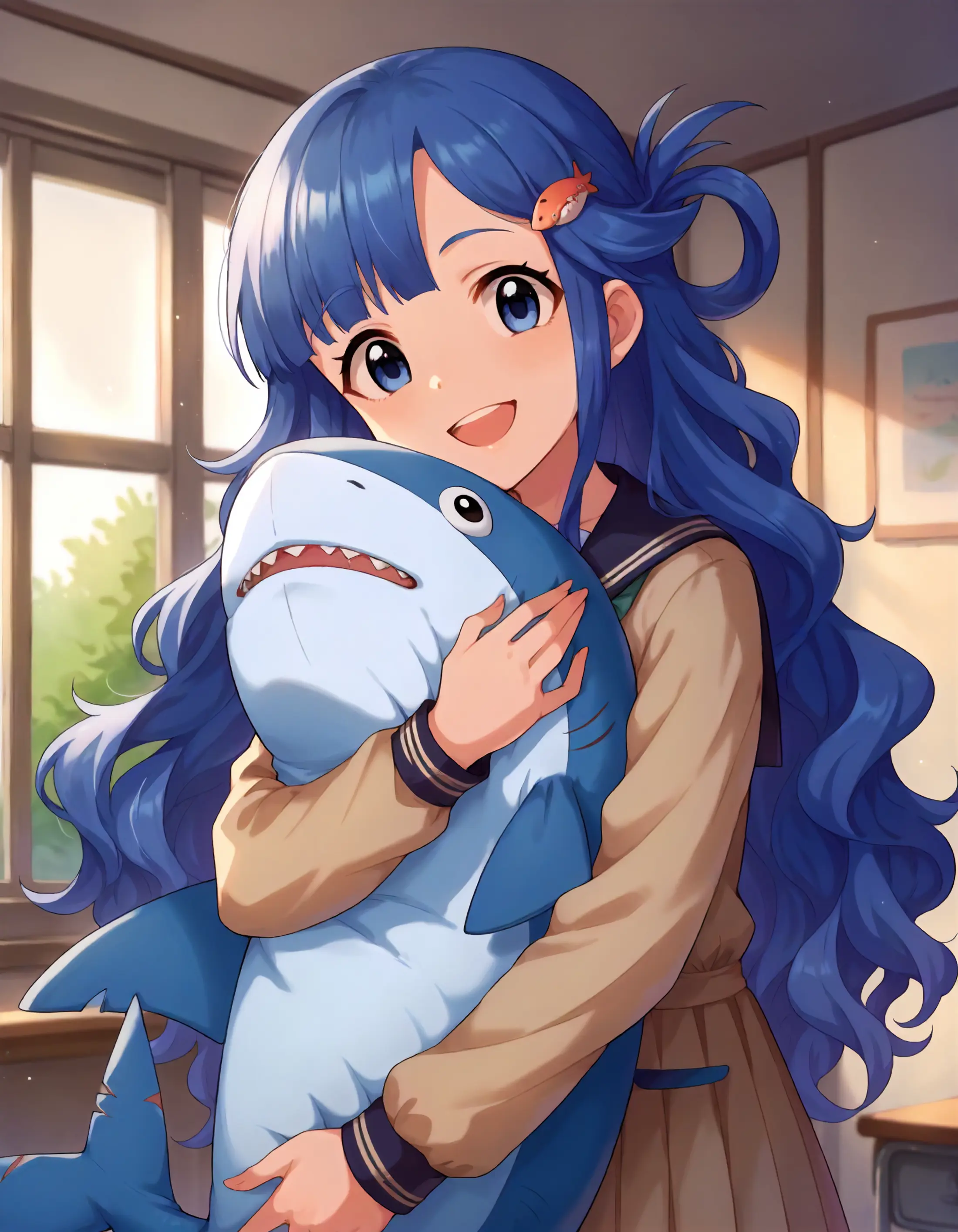 A girl with long blue hair, dressed in a school uniform, embracing a large plush shark. The scene is set in a warmly lit room, with a window and a desk visible in the background. 