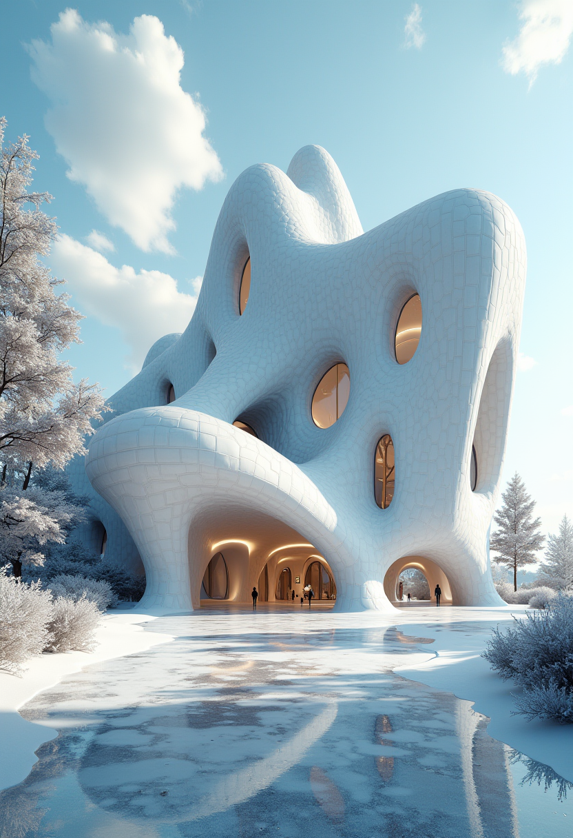 A unique and futuristic building set in a snowy landscape. The architecture of the building is organic, with smooth, undulating curves forming its structure and walls that resemble a white, textured skin. Several round windows punctuate the facade, and there is a large arched entrance at the base leading into what appears to be a warmly lit interior. The surrounding environment includes trees with snow-covered branches and a frozen body of water reflecting the building’s unusual form.