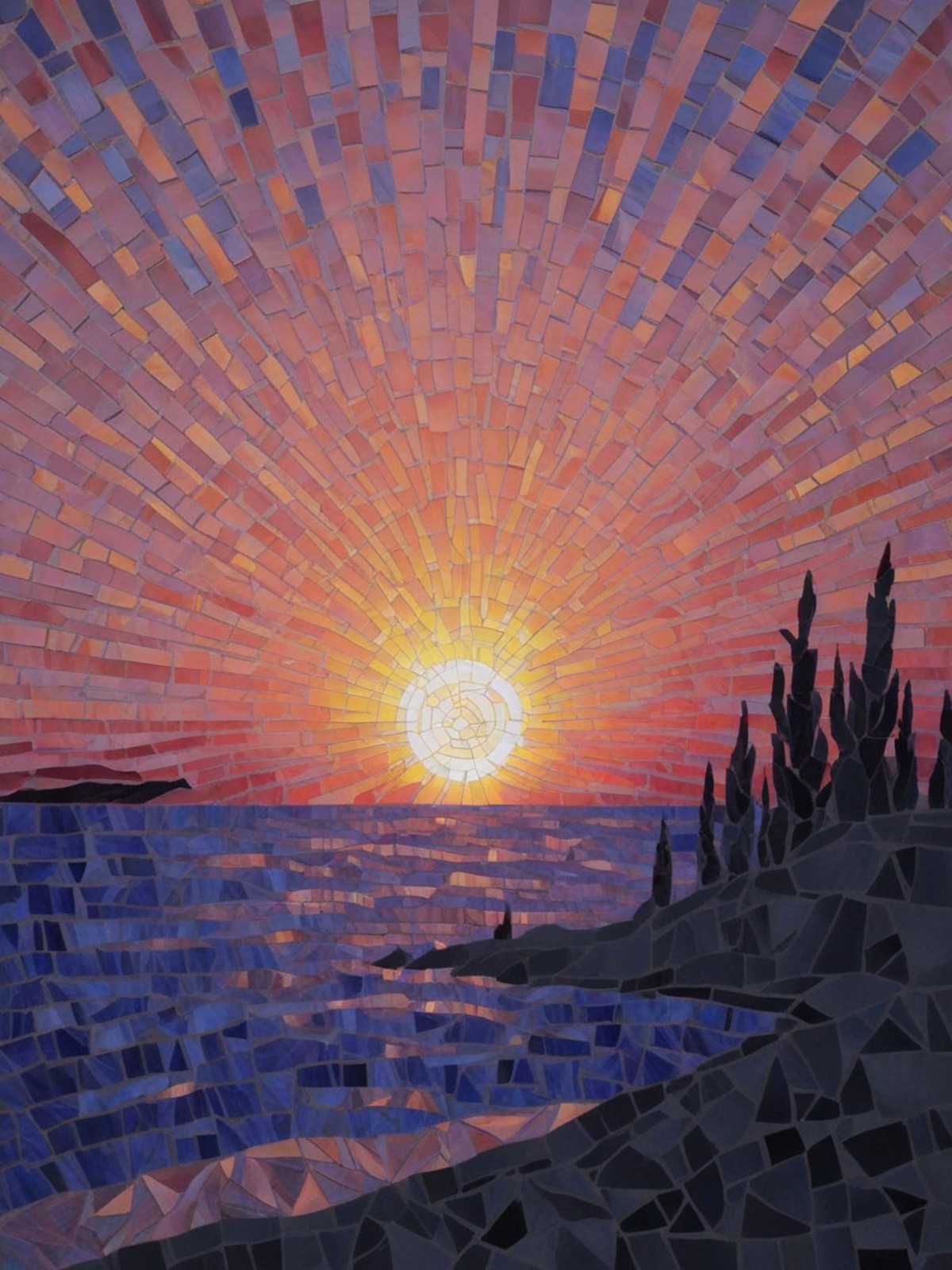 A sunset over an ocean rendered in a mosaic pattern of various shades of blue, purple, and orange tiles. The sun is central and prominent, with its light reflecting off the water’s surface. The sky transitions from warm orange near the sun to cooler purples and blues as it stretches upward. Silhouetted against the vibrant sky are what appear to be tall, slender trees on an incline leading down to the water. 