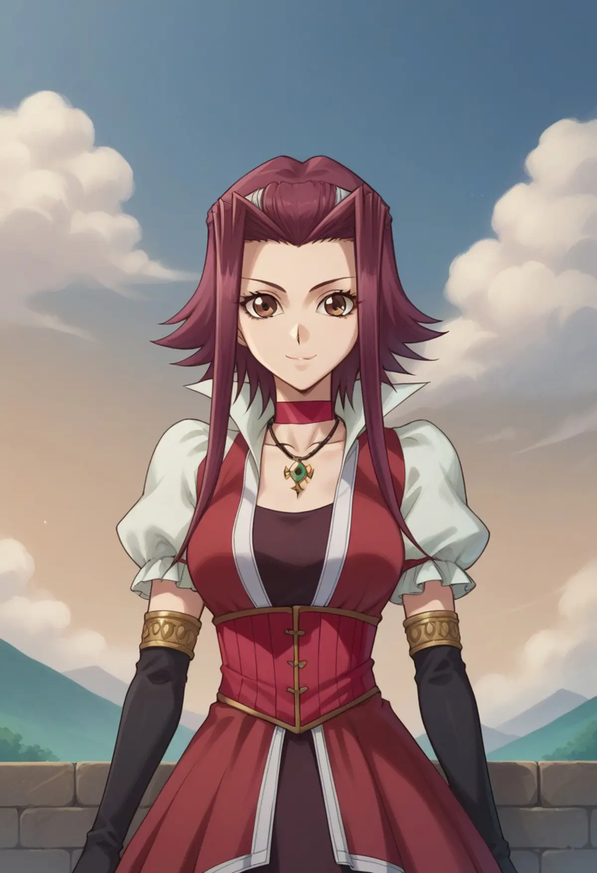A young woman standing on front of a waist high wall, with a mountainous landscape stretching into the distance. She is dressed in a red and white outfit with a corset, puffy sleeves, and is wearing a green pendant necklace. 