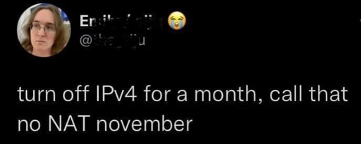 A tweet saying "turn off IPv4 for a month, call that no NAT november"