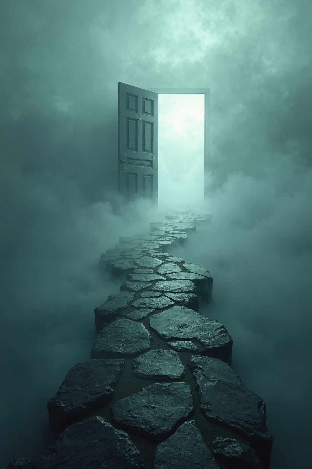 An irregular stone pathway leading up to a standalone door that is open with bright light emanating from it. The area is enshrouded in thick fog, giving it a surreal and dreamlike composition.