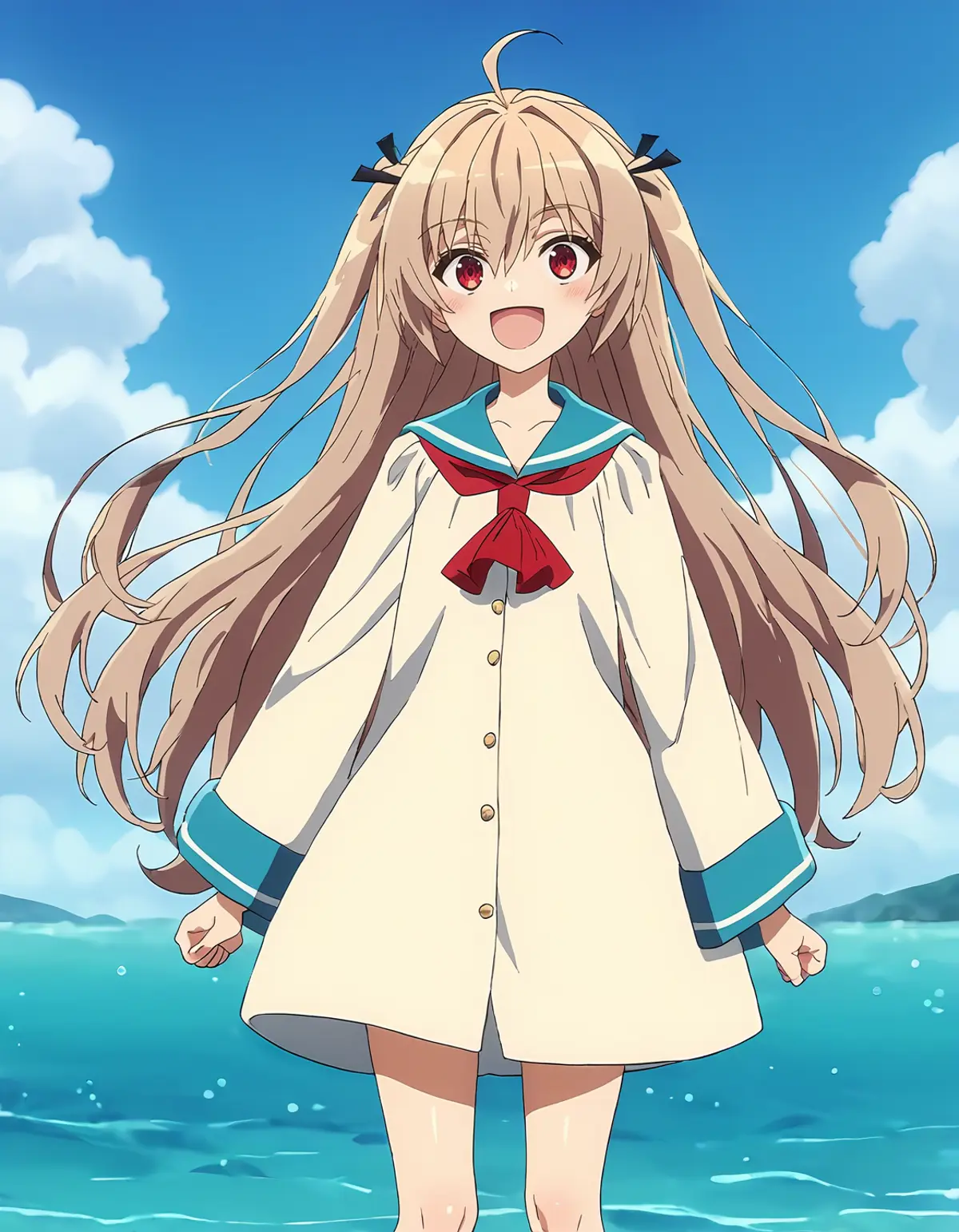 A girl standing in front of the sea, under a clear blue sky with a few clouds. She has long, flowing light brown hair adorned with two small black ribbons tied near the top of her head. She is wearing a white dress with blue trim, and a red bow at the collar. Her expression is cheerful, with her mouth open as if she is speaking or laughing, and her eyes are wide open looking directly at the viewer. 