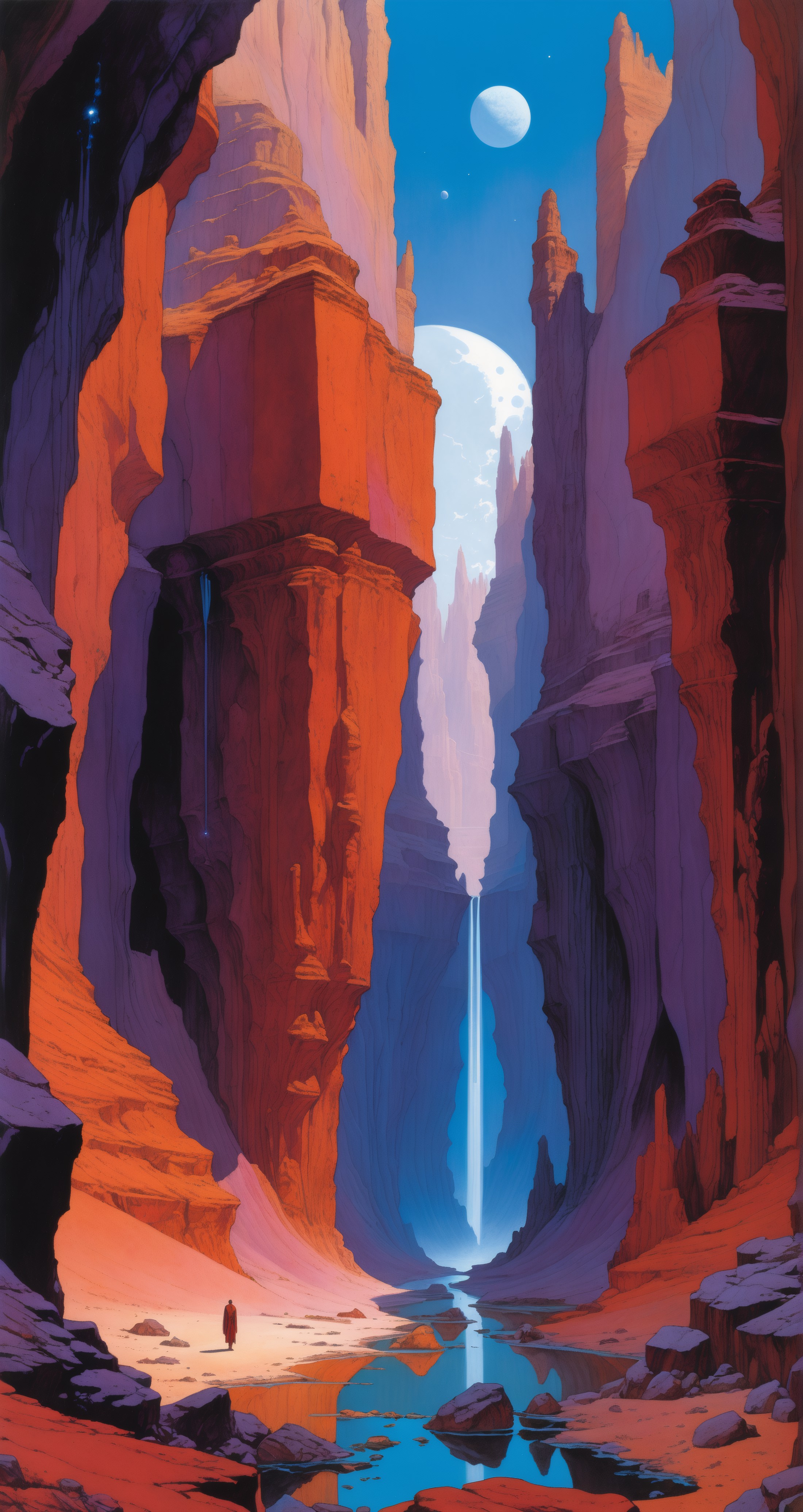 A towering red rock canyon with a waterfall cascading down into a serene pool below. Above, binary moons are visible hanging in the clear blue sky.