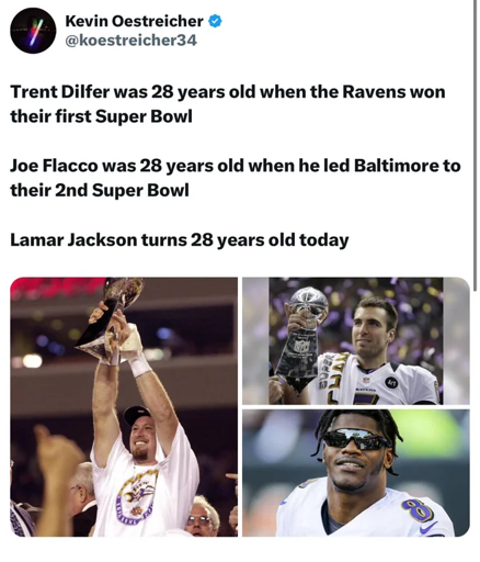 Text with photos of both SB winning QBs (Trent Dilfer and Joe Flacco) and a photo of LJ8

Text: Trent Dilfer was 28 years old when the Ravens won their first superbowl. Joe Flacco was 28 years old when he led Baltimore to their 2nd super bowl. Lamar Jackson turns 28 years old today.