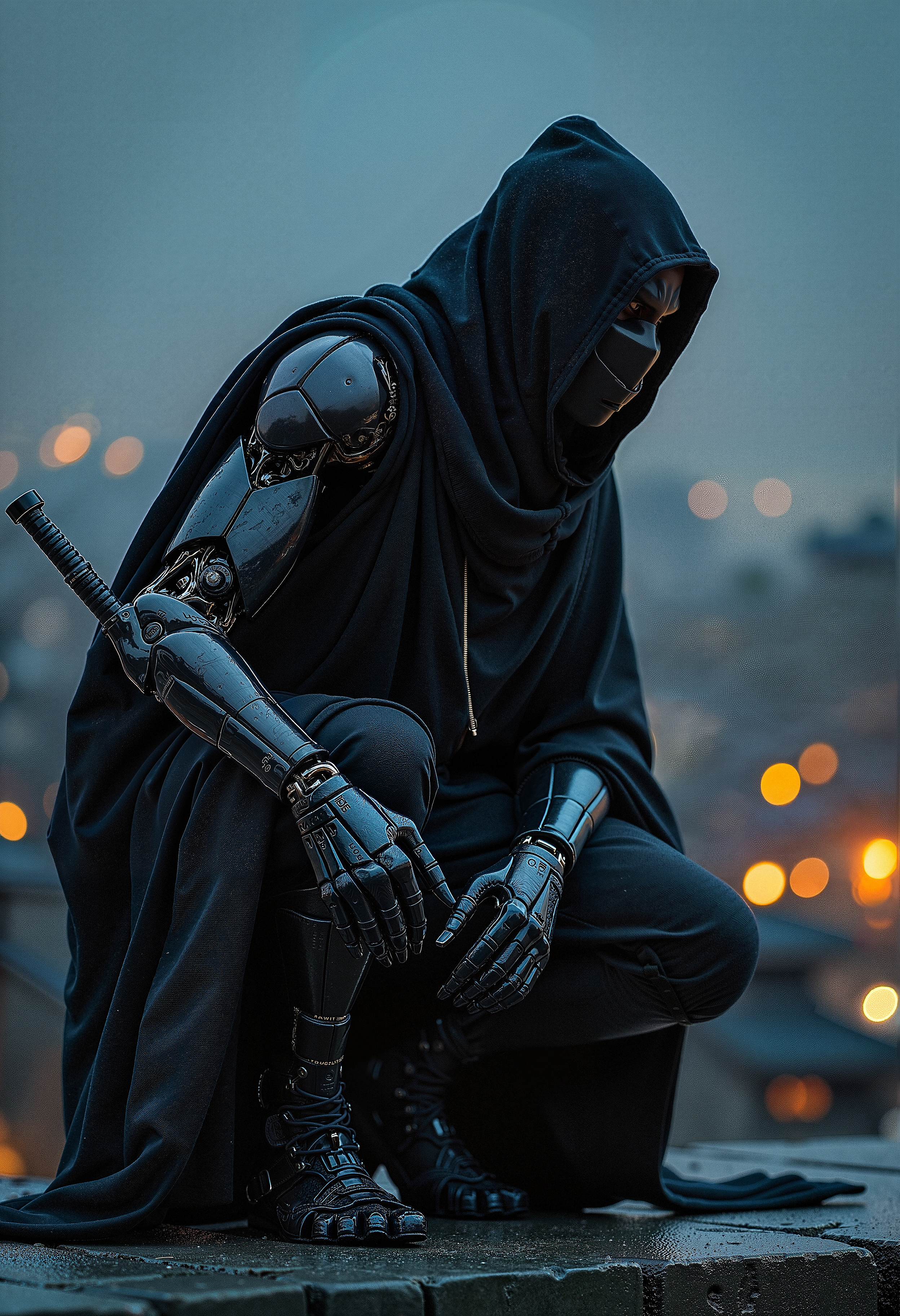 A figure clad in a black cloak and armored suit with robotic elements, sitting on what appears to be the edge of a building against a backdrop of a blurred cityscape. The setting is moody and atmospheric, with bokeh lights suggesting distant city lights or traffic behind the figure. The robotic suit includes intricate details such as joint articulations and panel lines.