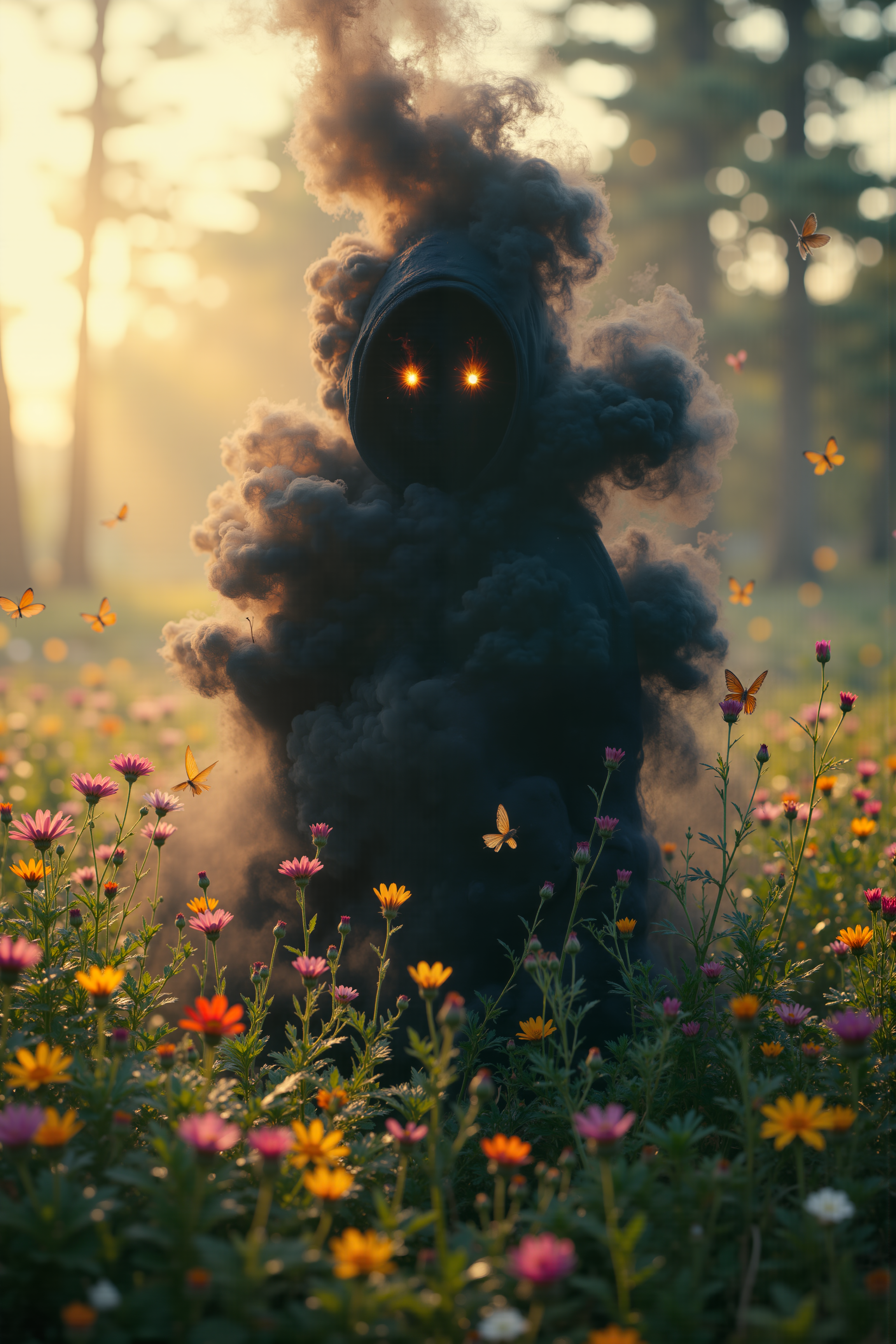 A dark figure shrouded in thick smoke that billows around it. The figure has two glowing orange eyes that create an eerie focal point amidst the smoke. The figure is standing in a forest clearing filled with wildflowers interspersed bathed in soft morning sunlight.