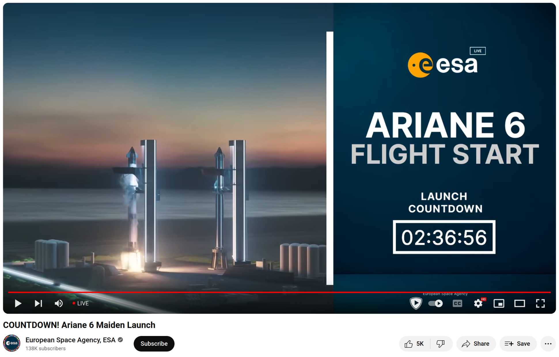 Screenshot of (fake, but convincing) ESA youtube channel video. Right side of video: Ariane 6 flight start launch countdown. Left side of video: SpaceX Starship Launch animation (“Starship Mission to Mars”), which is looping