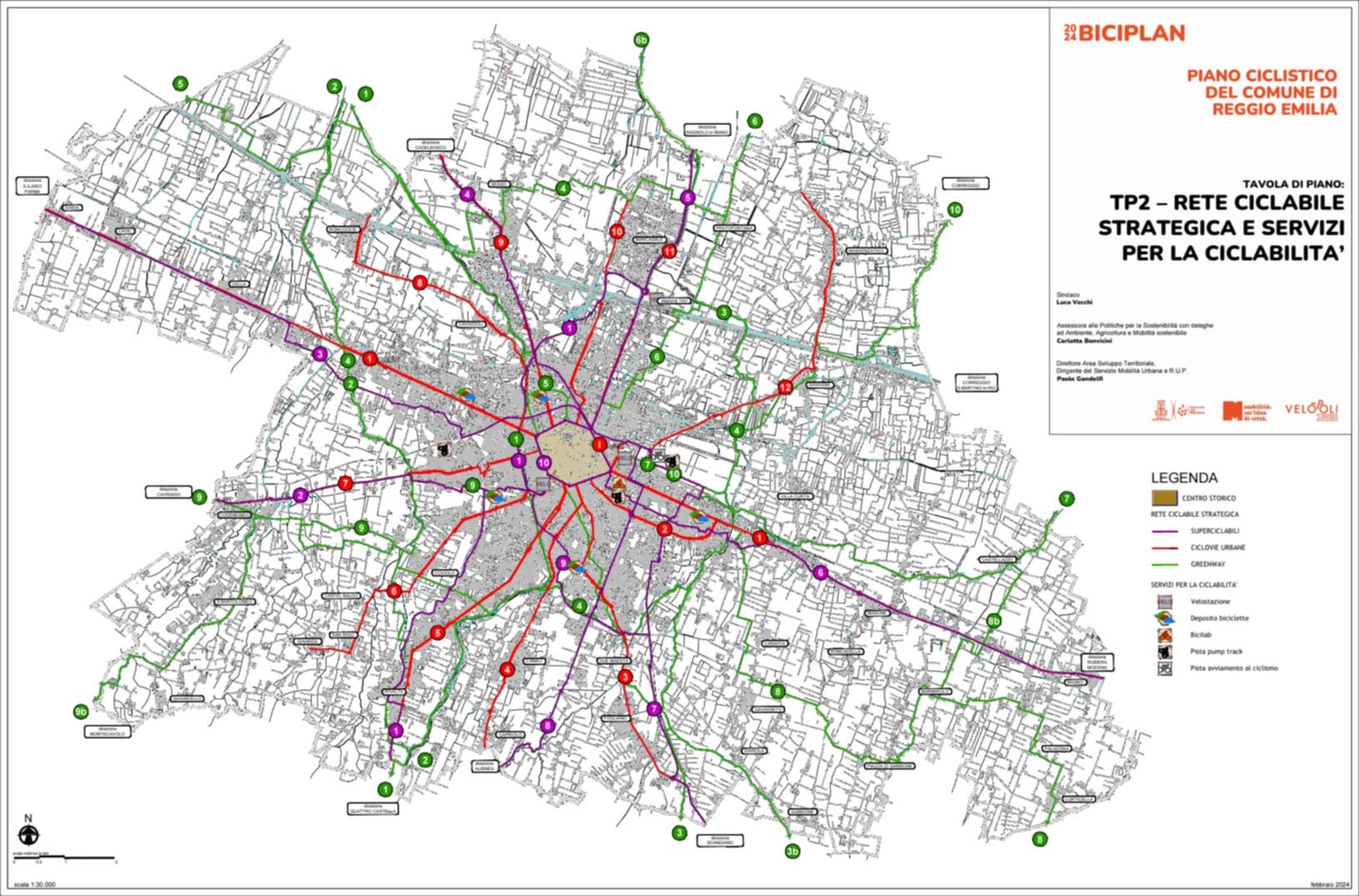 Piano della rete ciclabile di Reggio Emilia e dei servizi per la ciclabilità.

Superciclabili in rosso scuro coprono tutte le direttrici della città.

Ciclovie urbane in rosso collegano i quartieri in maniera più capillare

Greenway in verde, percorsi extra cittadini dedicati al tempo libero 