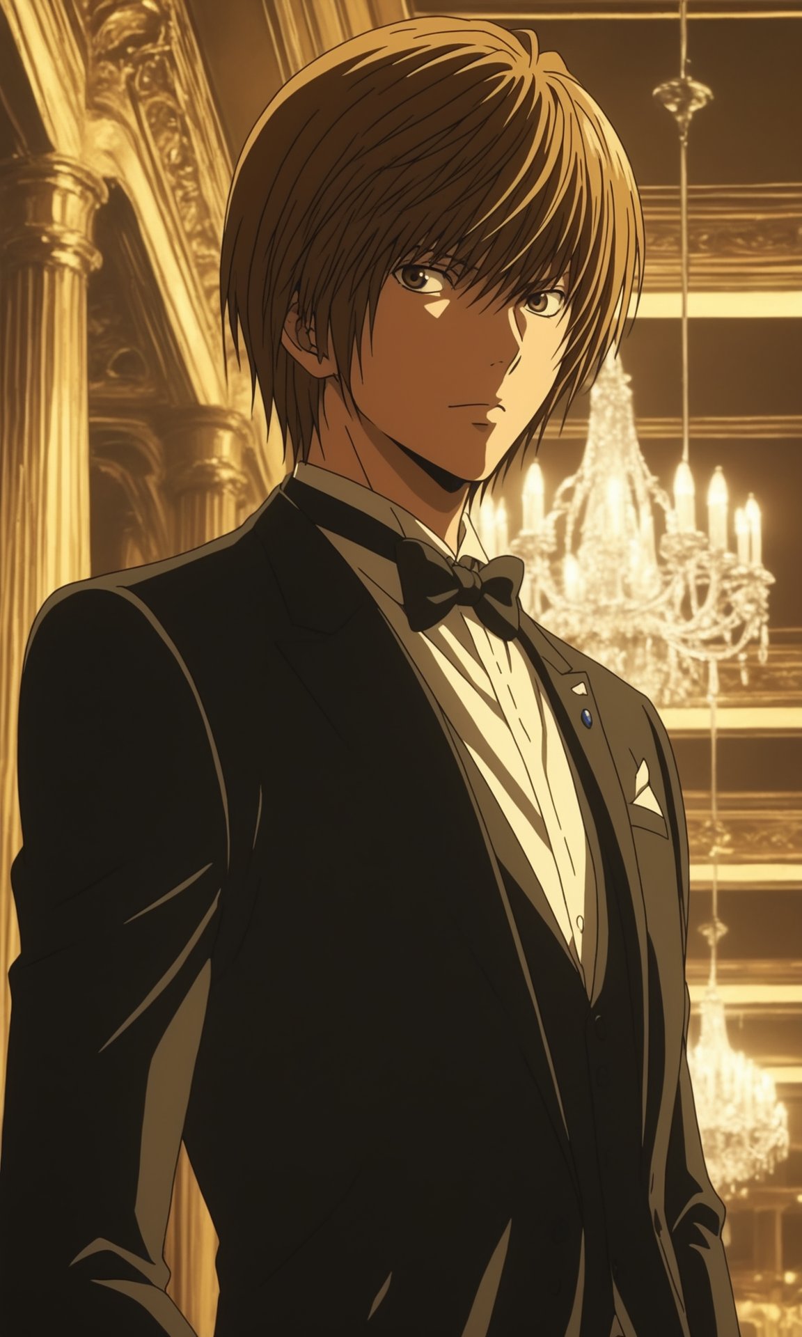 A young man with short brown hair, dressed in a formal black tuxedo with a bow tie, standing in an opulent room illuminated by golden light. He is facing slightly to the right with a serious expression, and behind them is an ornate chandelier that suggests wealth or a high-class setting. 