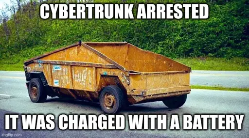 cybertrunk arrested. it was charged with a battery (image of a rusty vehicle that has a similar shape to cybertruck)