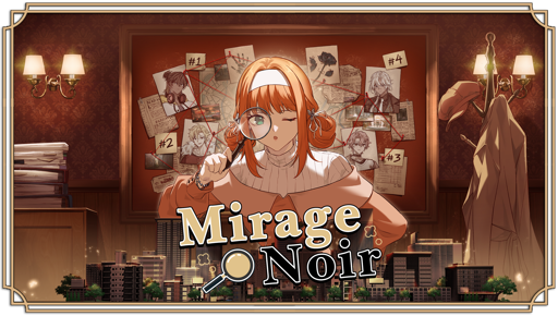 Mirage Noir Key Visual showing the female protagonist, Yunie, in front of a pinboard covered with pictures of the maincast and red string. She is posing with a magnifying glass.