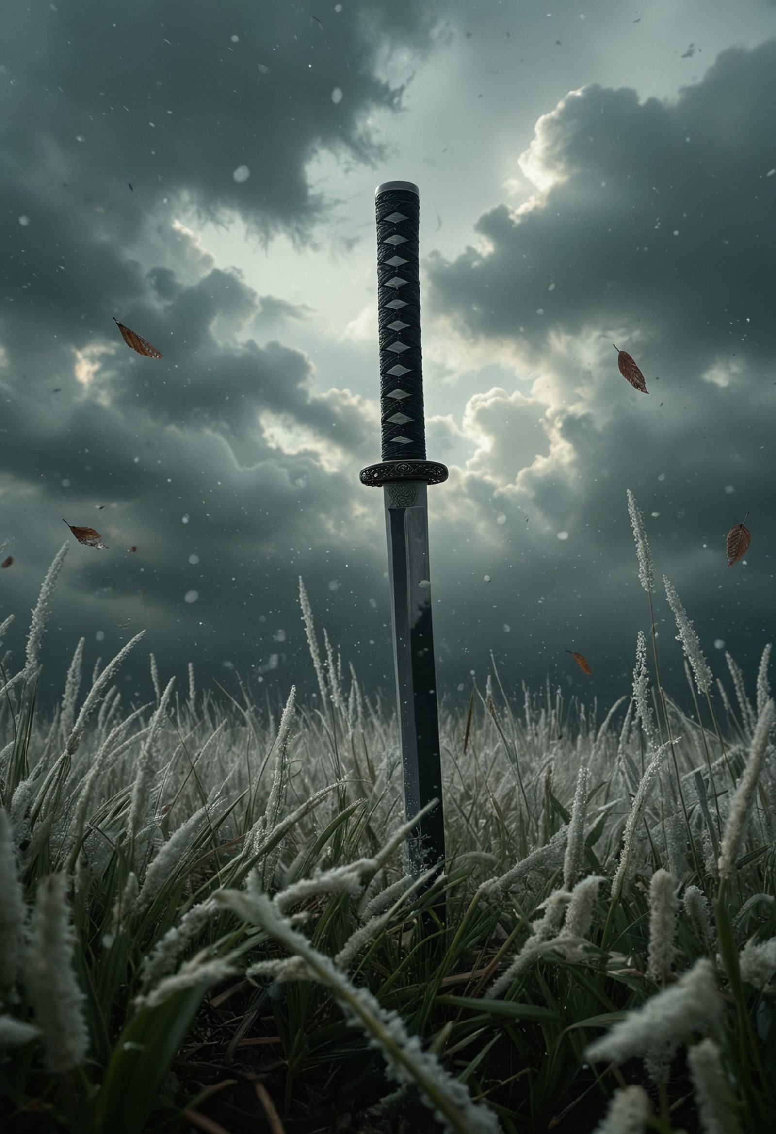 A sword with a black hilt standing upright in a field of white feathery plants. The sky above is stormy, filled with dark clouds and falling leaves, creating a dramatic and moody atmosphere. 