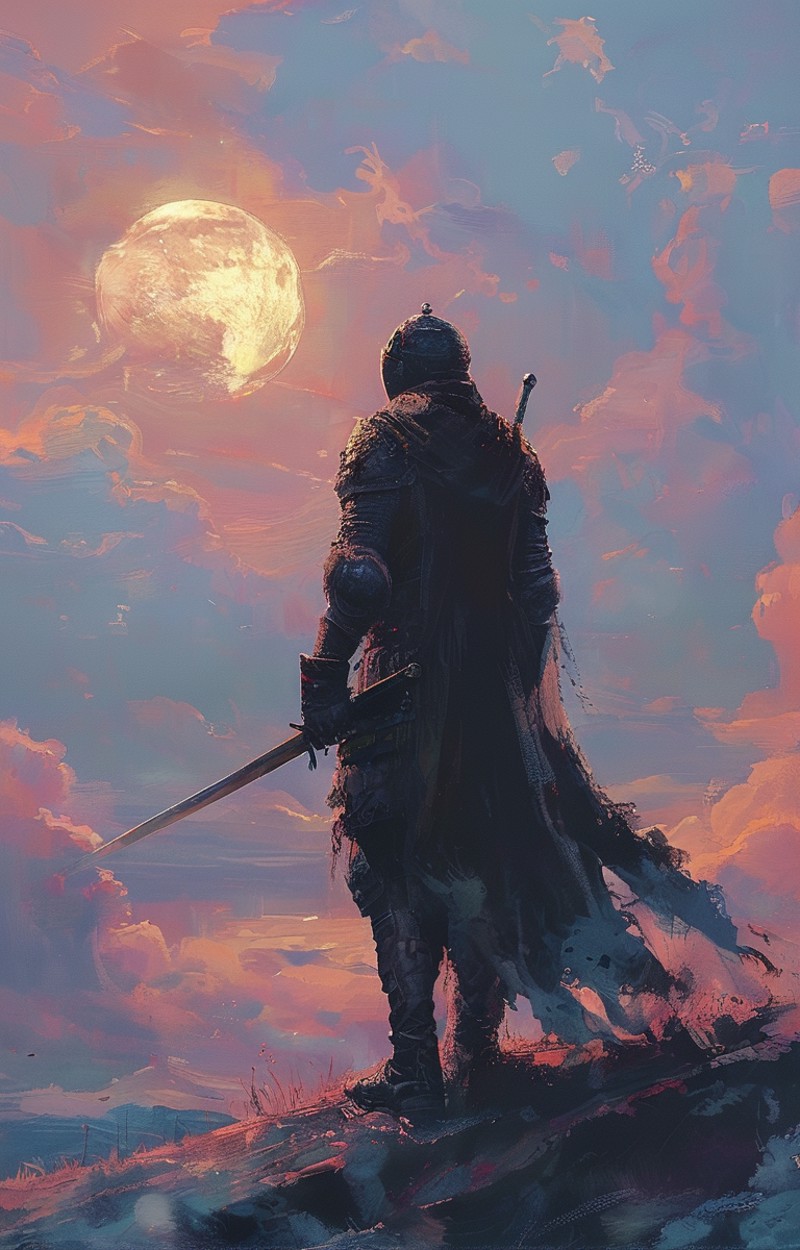 A lone armored figure standing atop a rocky outcrop with a sword in hand, gazing into the distance under a large, sun that dominates the dusky sky. 