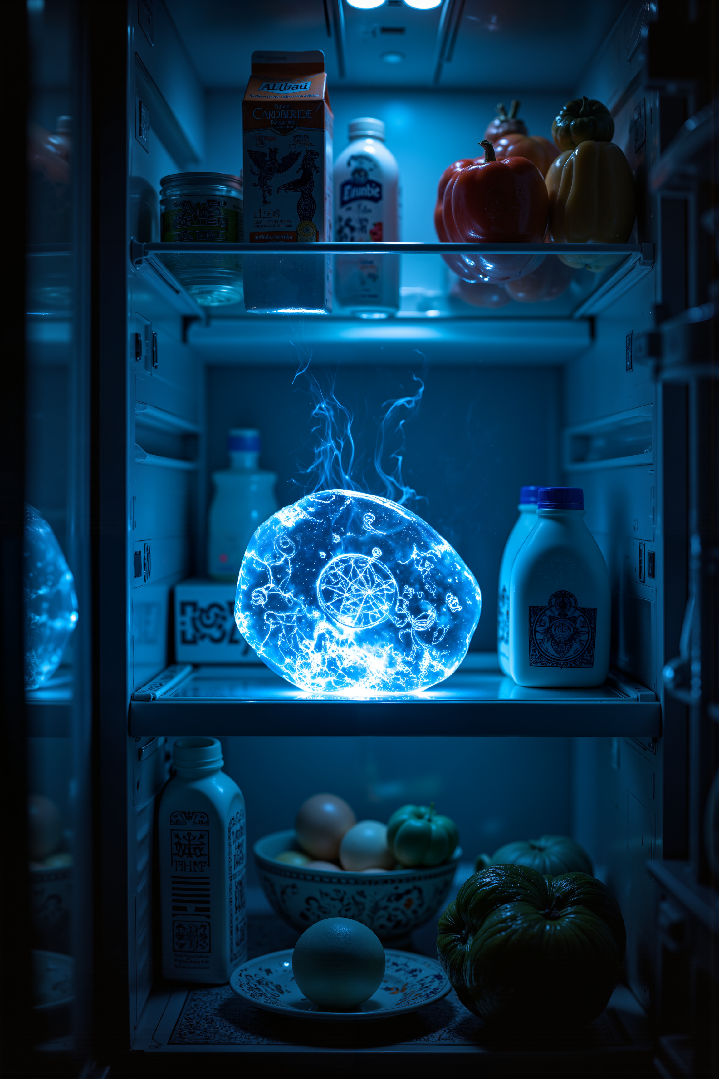 An open refrigerator filled with various food items and containers under a blue light. In the center of the middle shelf, there is a glowing spherical orb that emits blue light and intricate patterns resembling mystical runes or symbols. The orb appears to be the source of the blue light illuminating the fridge’s contents, which include milk jugs, vegetables, and fruits. 