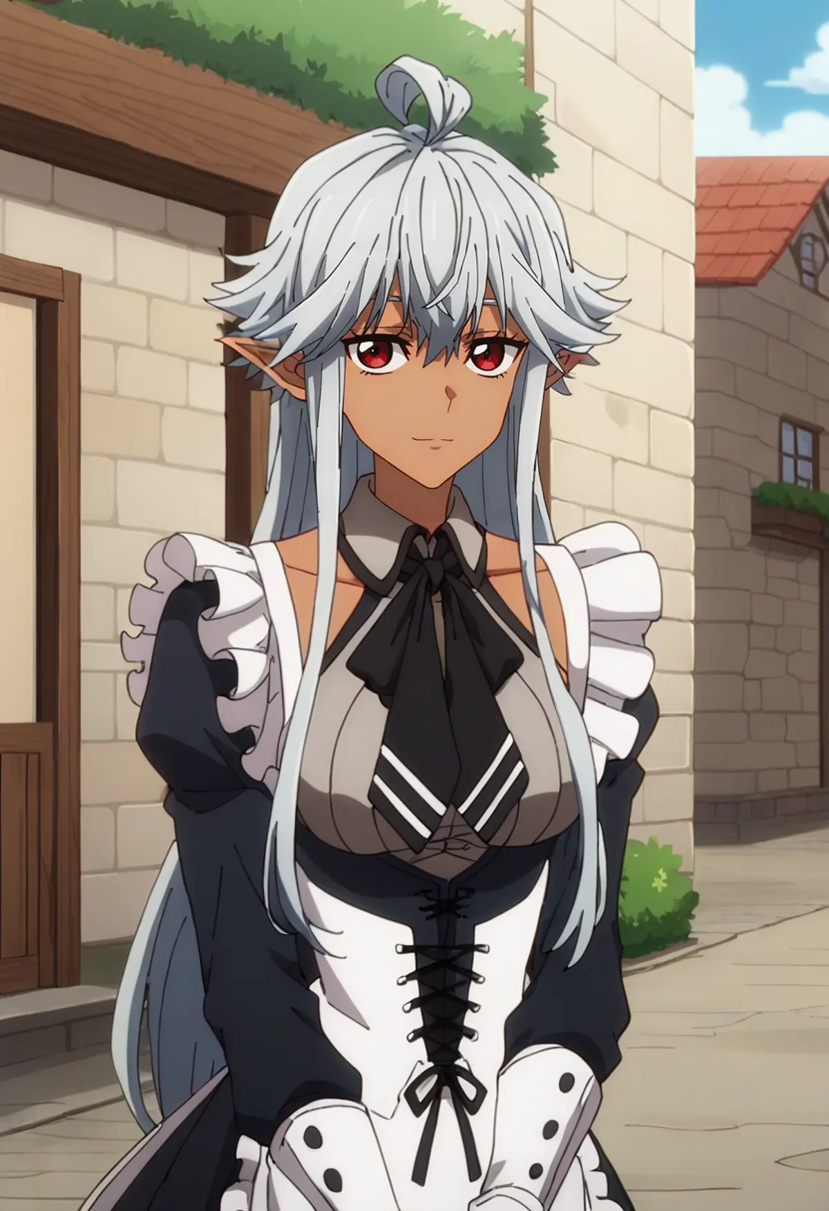 A woman with silver hair and pointed ears wearing a maid outfit standing in front of a building with a European architectural style. She is looking directly at the viewer with her hands held in front of her at her waist.