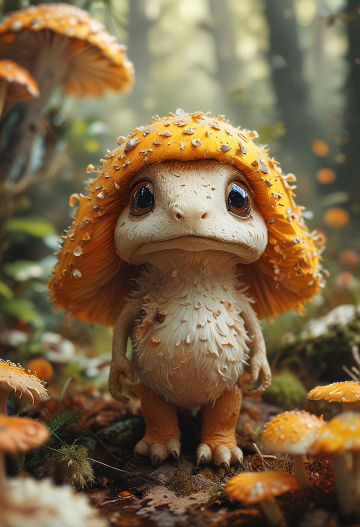 A small creature standing amidst a forest floor, surrounded by towering mushrooms. The creature appears to have a mushroom cap as part of its form, blending seamlessly with the natural surroundings. 