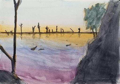 Watercolor painting of a lake in Australia, the sunset showing a strong gradient between the orange of the sunset and the purples and blues at the foreshore, done in watercolor.