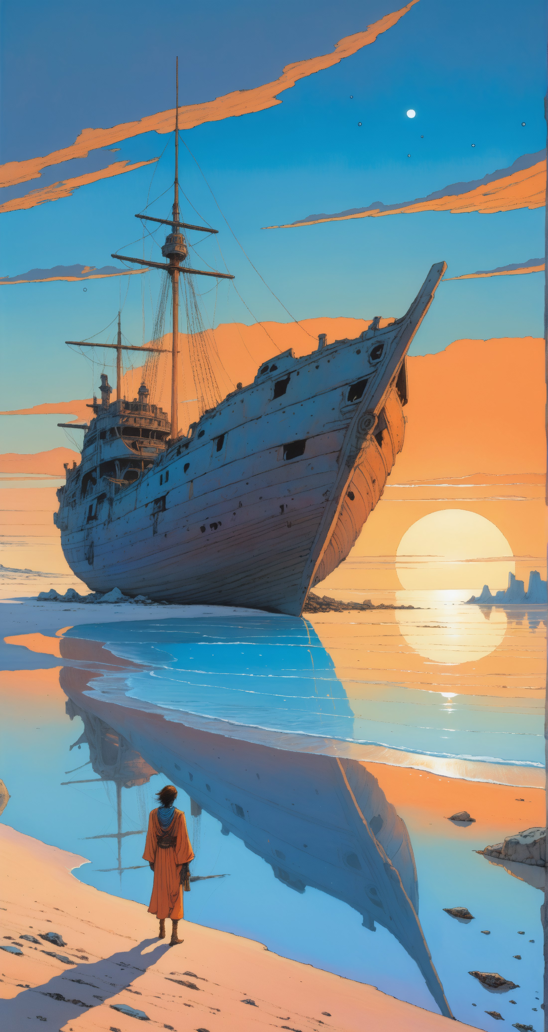 A large, abandoned shipwreck on a sandy shore during sunrise. The ship is slightly tilted to one side and appears weathered, with its hull exposed and devoid of sails. In the foreground, a lone figure stands observing the shipwreck while casting a long shadow. The sky is filled with warm hues of orange and blue, with streaks of clouds creating a dramatic backdrop. 