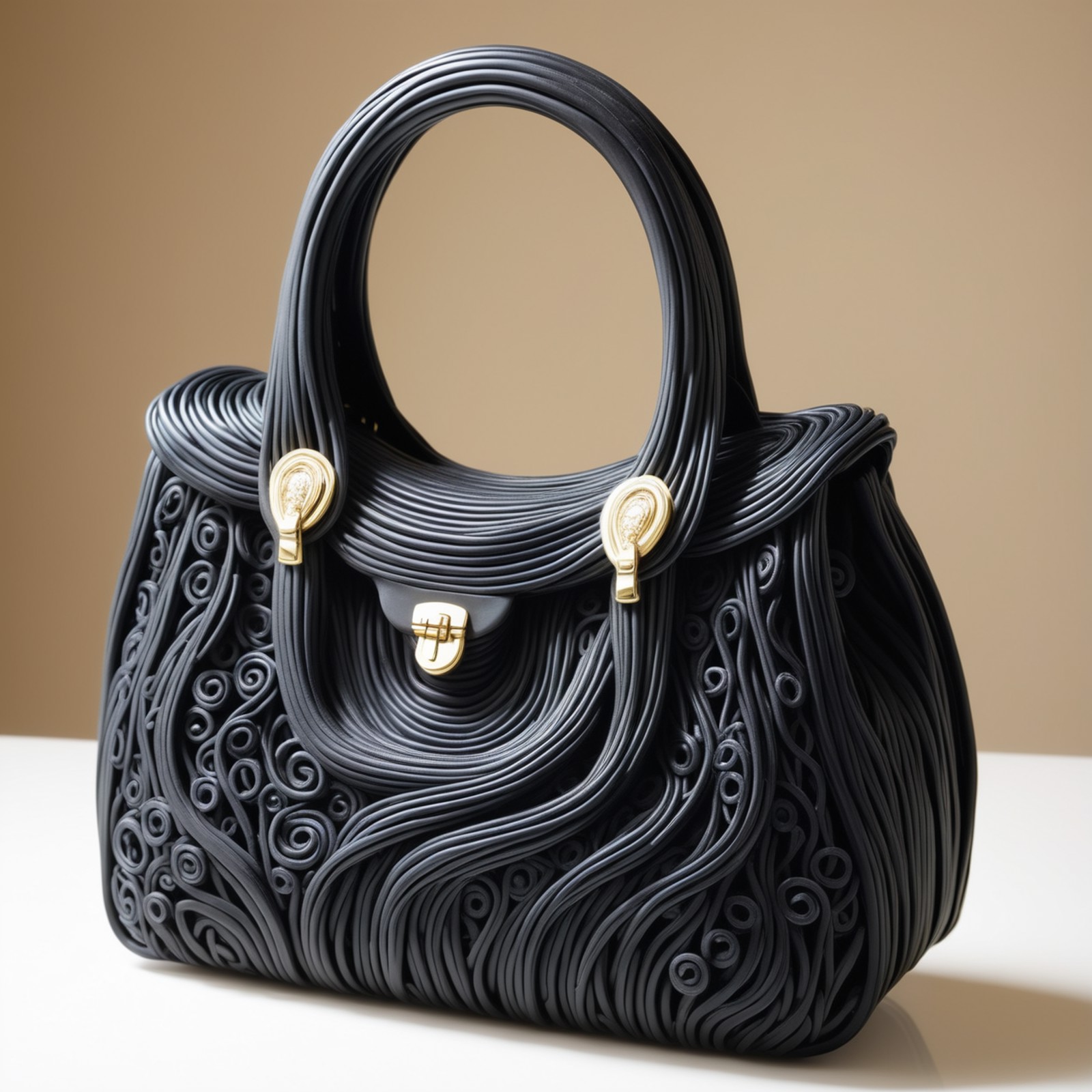A handbag with an intricate design made up of swirling black strands. The handbag features gold-colored hardware accents and stands against a neutral background that contrasts with its dark color. 