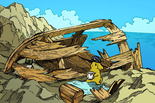 A bunny captain stands by the wreckage of an upturned ship, his former vessel that he has made his home. He sips a cup of coffee, standing on a sailcloth he has converted into a sort of picnic blanket.