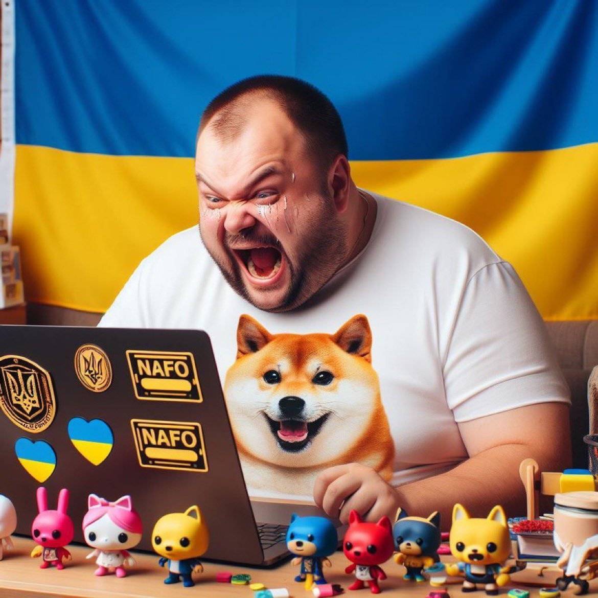 A man is shouting and crying at his laptop with a Ukrainian flag in the background. His laptop is covered with Ukrain flag styled hearts, Ukrainian tridents, and stickers that say "NAFO". His computer desk is covered in funko pops. He is wearing a white shirt with an image of a happy shibe inu dog, whose happy expression contrasts sharply with the man's angry facial expression.