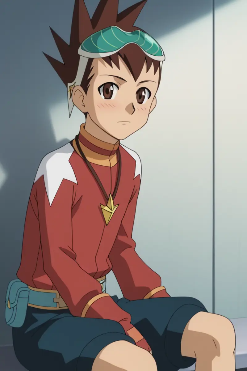 A boy with spiky brown hair and a visor sitting casually against a light background. He is wearing a red jacket with white accents, a yellow pendant, and carries a blue pouch on his belt. 