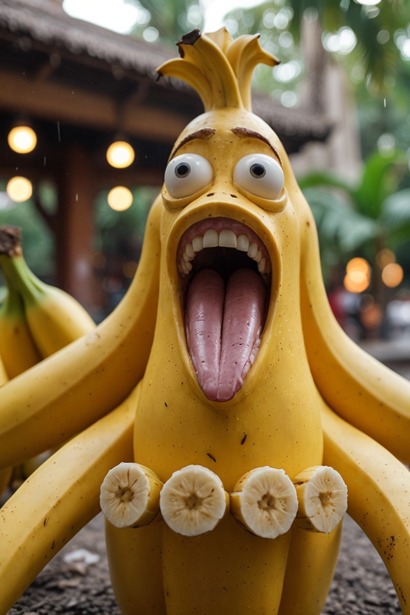 A banana with human-like features with a distressed expression set against a blurred background of an outdoor setting. The banana has eyes, a large open mouth with visible human teeth and tongue, and is positioned upright as if standing on its lower end. 