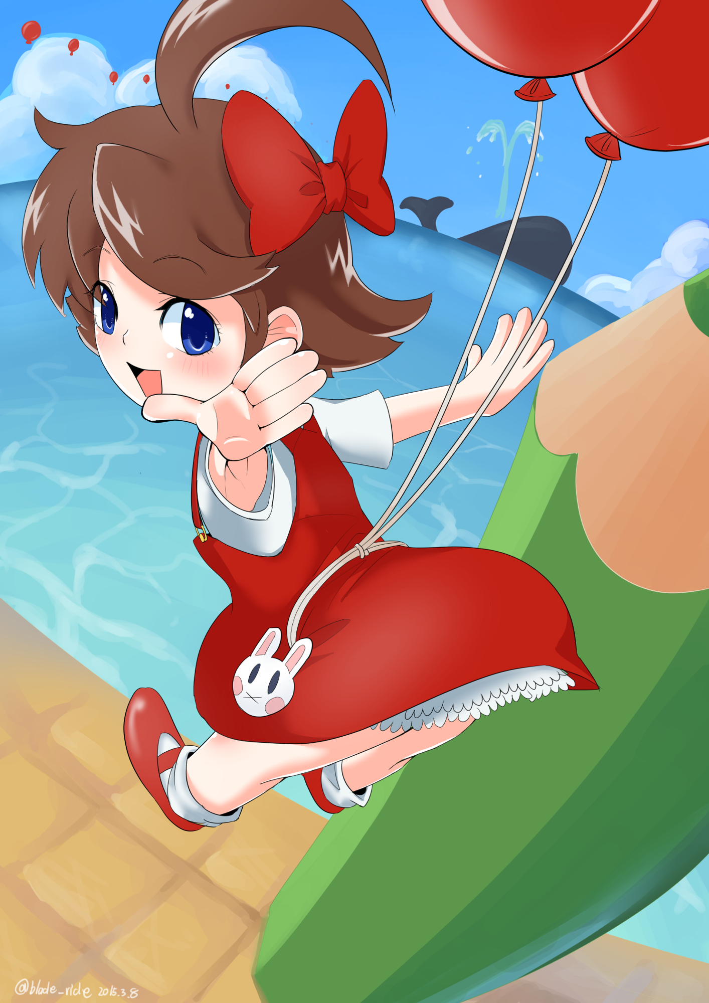 A girl in a red dress flying with two red party balloons tied around her waist, soaring past one of Pencilvania's giant pencils and a sea with a whale spouting in the background. This is fan art of the Nintendo game Balloon Kid or Balloon Fight GB...Are image alt texts actually viewable in PieFed?