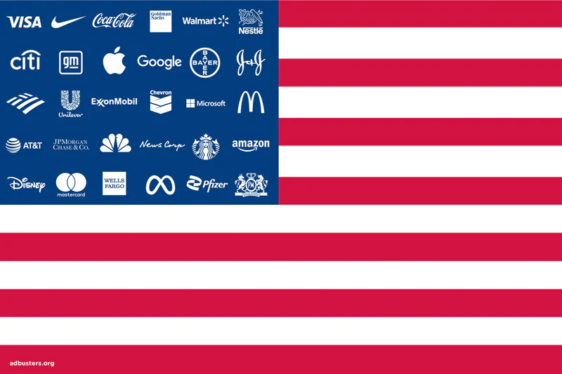 Adbusters edit of the American flag with all of the stars replaced with corporate logos