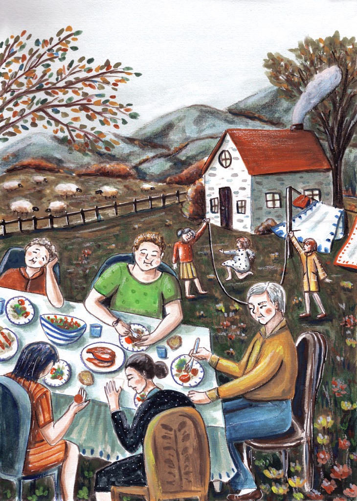 A family is eating lunch by their homestead in a rural place